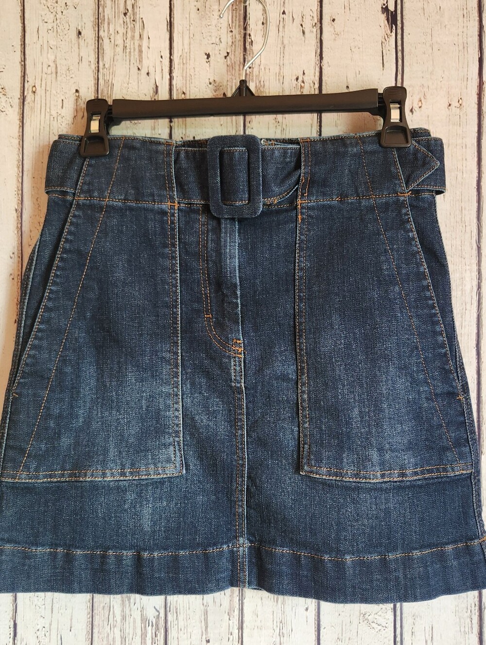 GB Belted Denim Mini Skirt Small High Waisted Utility Pocket Blue Jean Skirt
